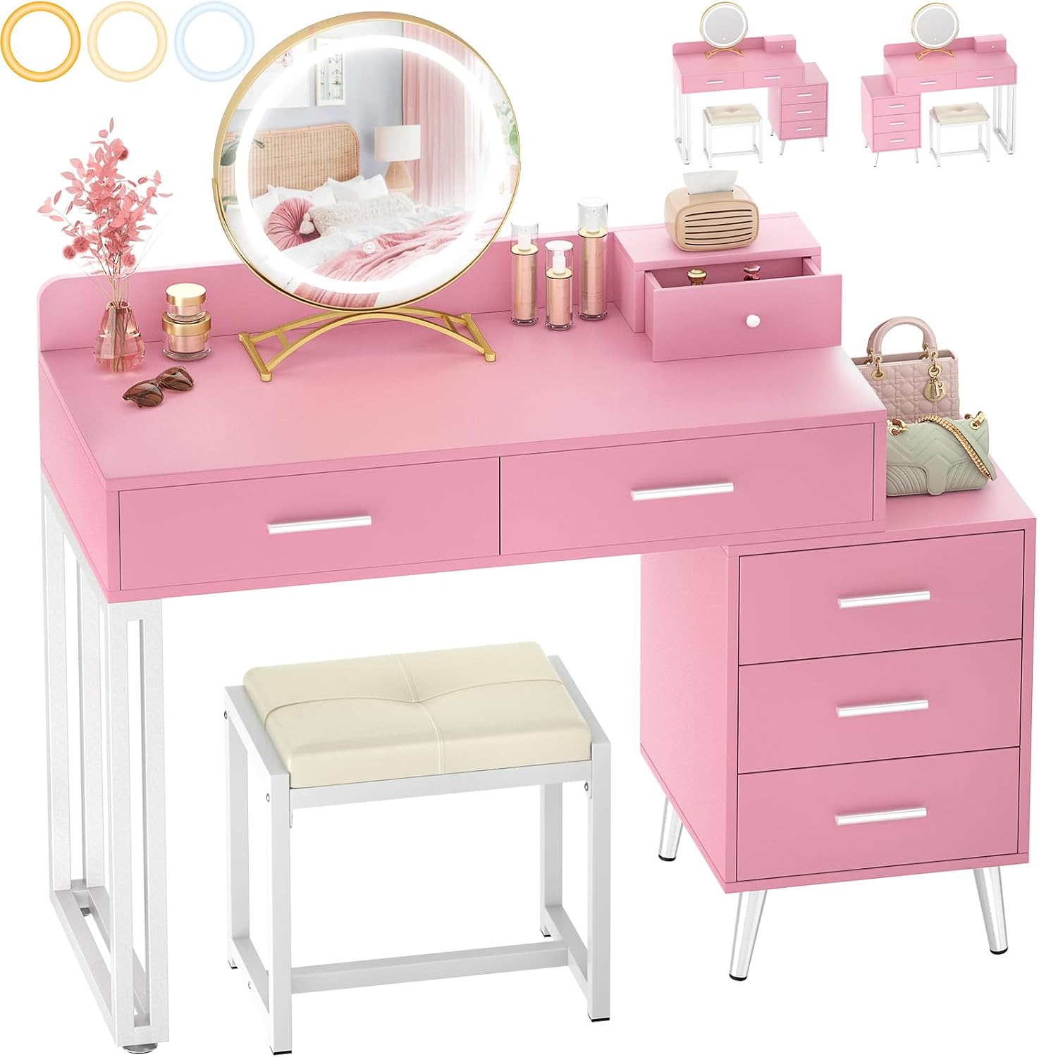 Armocity Pink Vanity Desk with Mirror and Lights, Modern Makeup Vanity Table Set with 6 Storage Drawers and Cushioned Stool for Bedroom, Dressing Table with Divided Organizers for Women Girls, Pink
