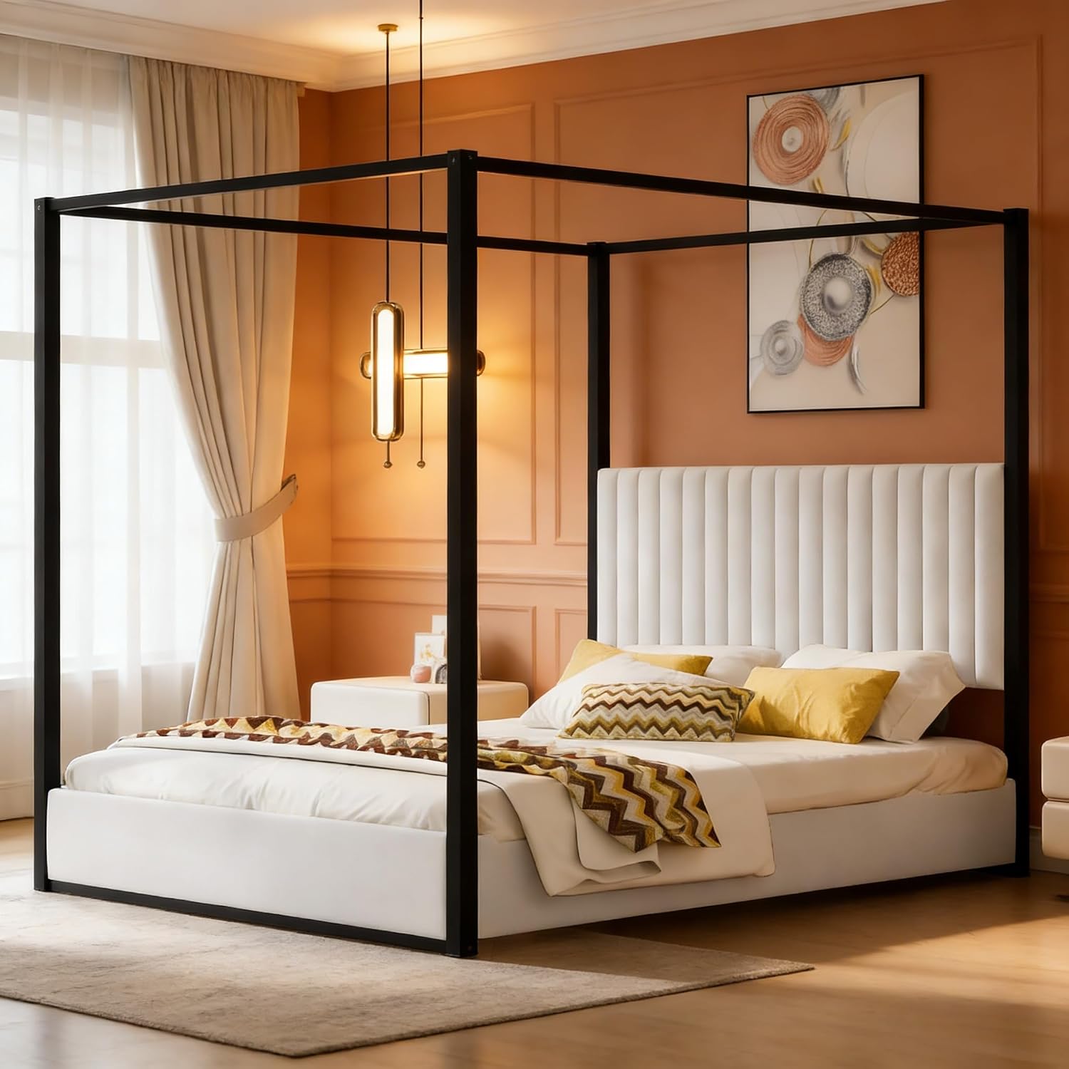 LUMISOL Queen Size Upholstered Canopy Bed, Black 4 Poster Bed with Tall Headboard, Velvet Upholstered Canopy Platform Bed with Wood Slats Support, No Box Spring Needed, Black + White