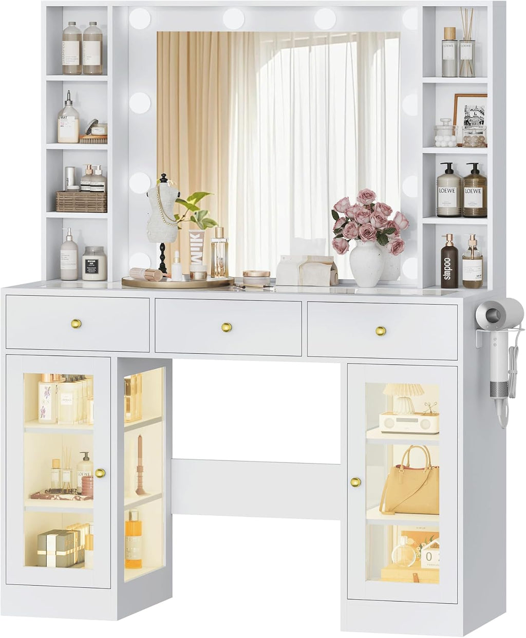 Wodeer Makeup Vanity Desk with Mirror and Lights, White Vanity with Glass Top, LED Lights & Power Outlet, 3 Drawers & 2 RGB Glass Cabinets, Adjustable Lighted Dressing Table for Women & Girls Bedroom