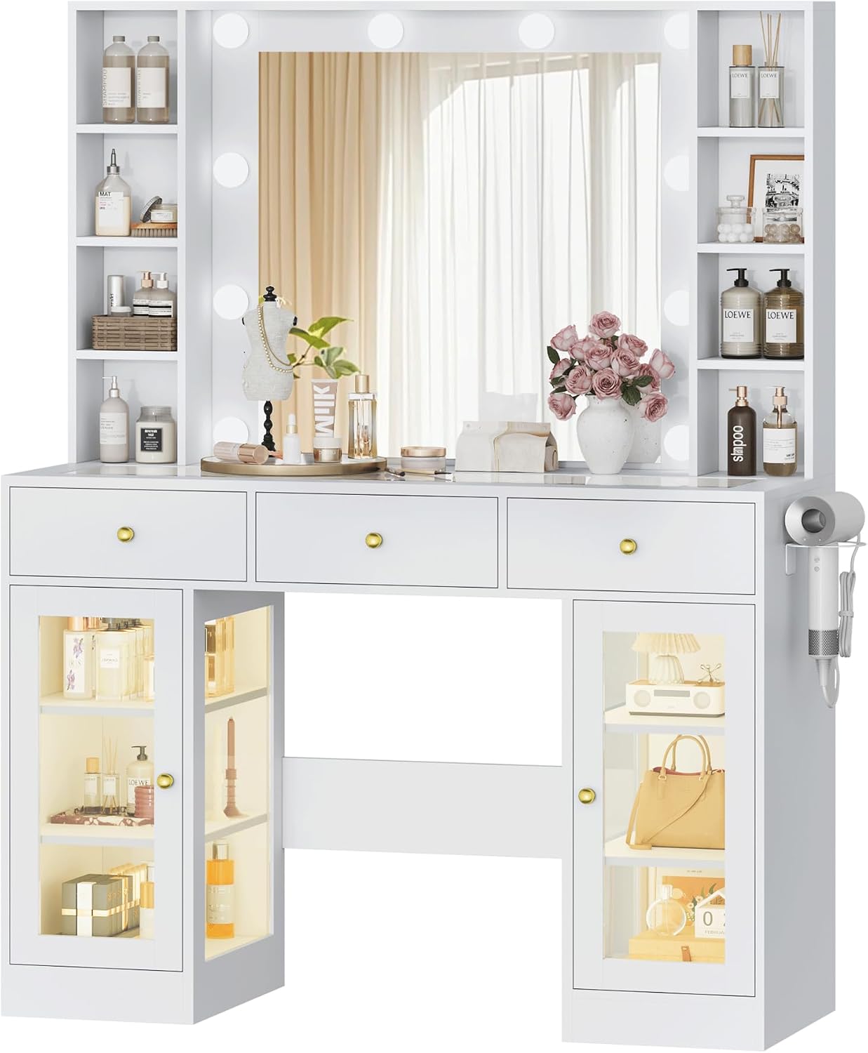 Wodeer Makeup Vanity Desk with Mirror and Lights, White Vanity with Glass Top, LED Lights & Power Outlet, 3 Drawers & 2 RGB Glass Cabinets, Adjustable Lighted Dressing Table for Women & Girls Bedroom