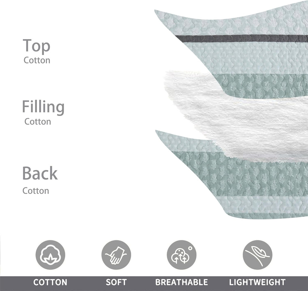 Homzard King Size Quilt,Cotton King Size Comforter Set,Mint Green Grey Bedding Set,Striped Bedspread,Lightweight Summer Comforter Sets 3 Piece