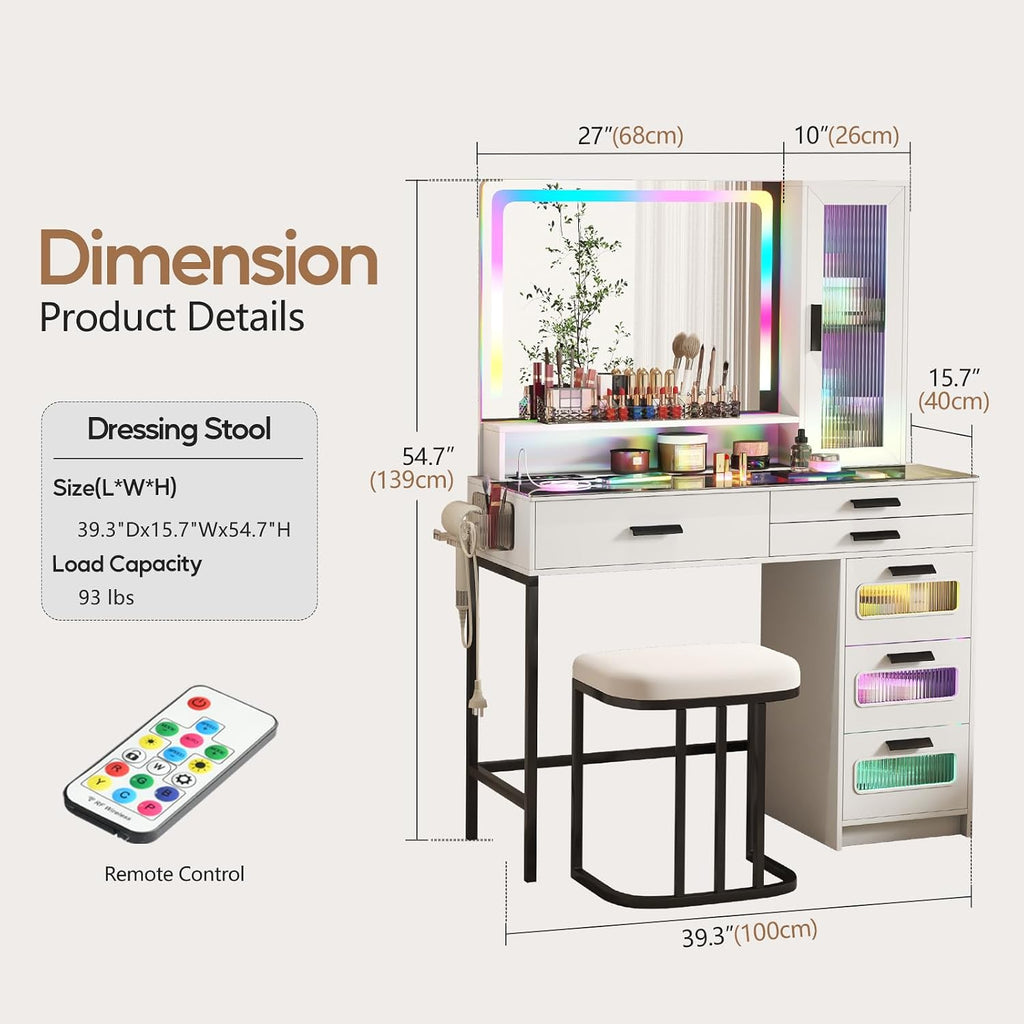 RGB Vanity Desk with Mirror and Lights, Glass Top Makeup Vanity Table with Wireless Charging Station, Girl Vanity,Dressing Table with Chair & 6 Drawers,White
