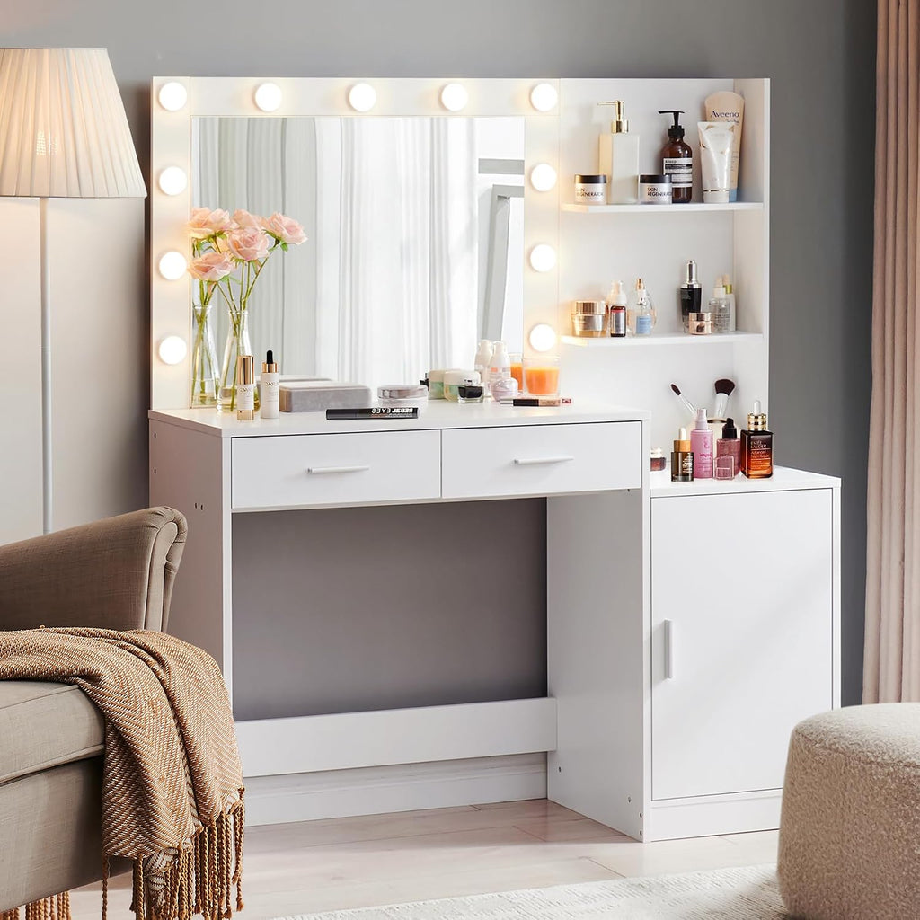 MIRROTOWEL 46.7' Vanity Desk with Mirror & LED Lights, Dressing Table with 2 Large Drawers & Vertical Organizer, 3-Tier Storage, 3 Adjustable Lighting Modes, Makeup Desk for Bedroom