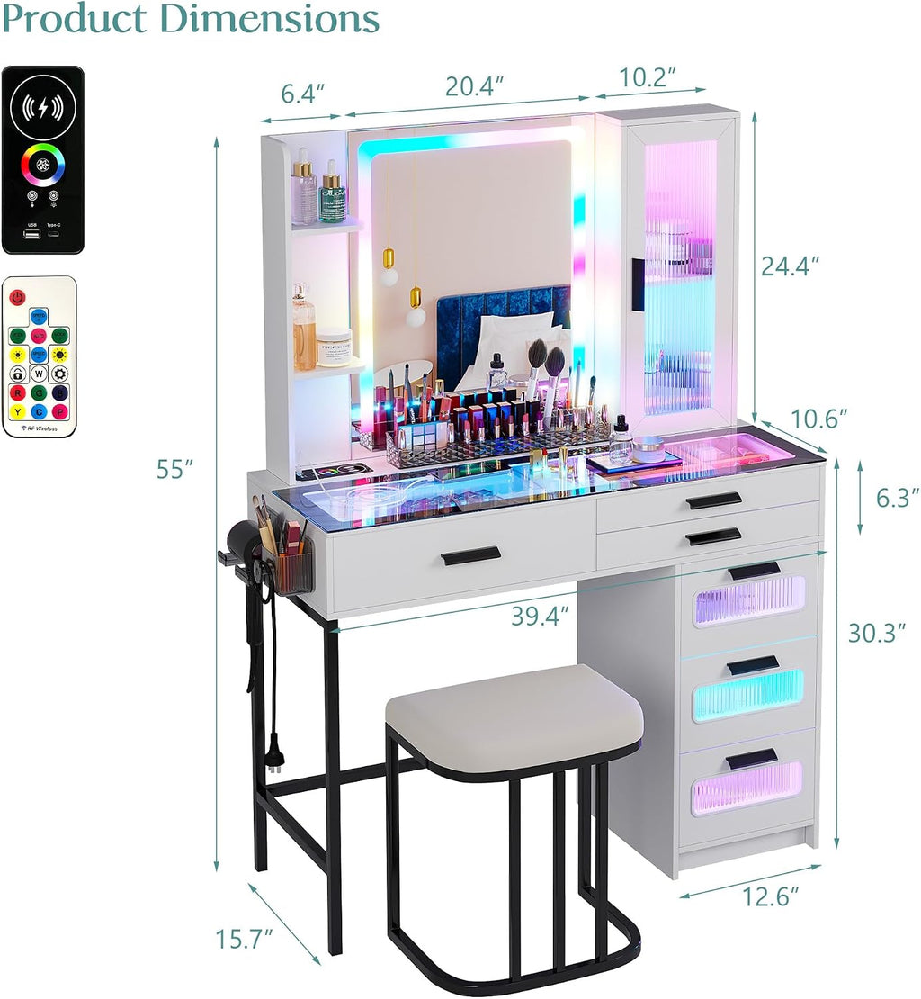 WOOVIVS Vanity with Lights for Girls- Vanities Table with LED Mirror, RGB Makeup Vanity with Wireless Charging Station, 6 Drawers Dress with Glass Top,Chair,Jewelry Organizer for Bedroom-White
