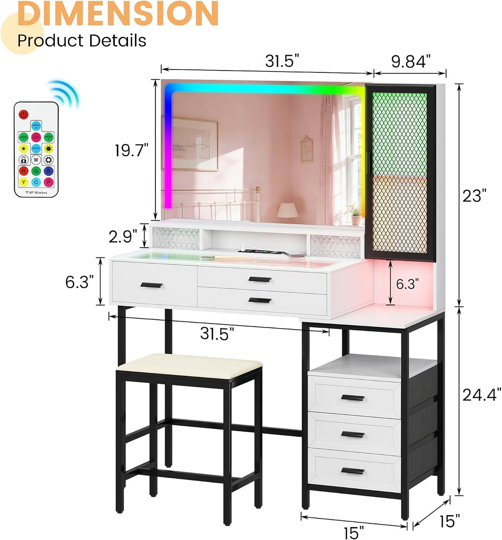 RGB Vanity Desk with Mirror and Lights, 7 Dynamic & 24 Static Dimmable Makeup Vanity Set with Wireless/USB/Type C Charging, Dressing Table with Stool & 6 Drawers (White)