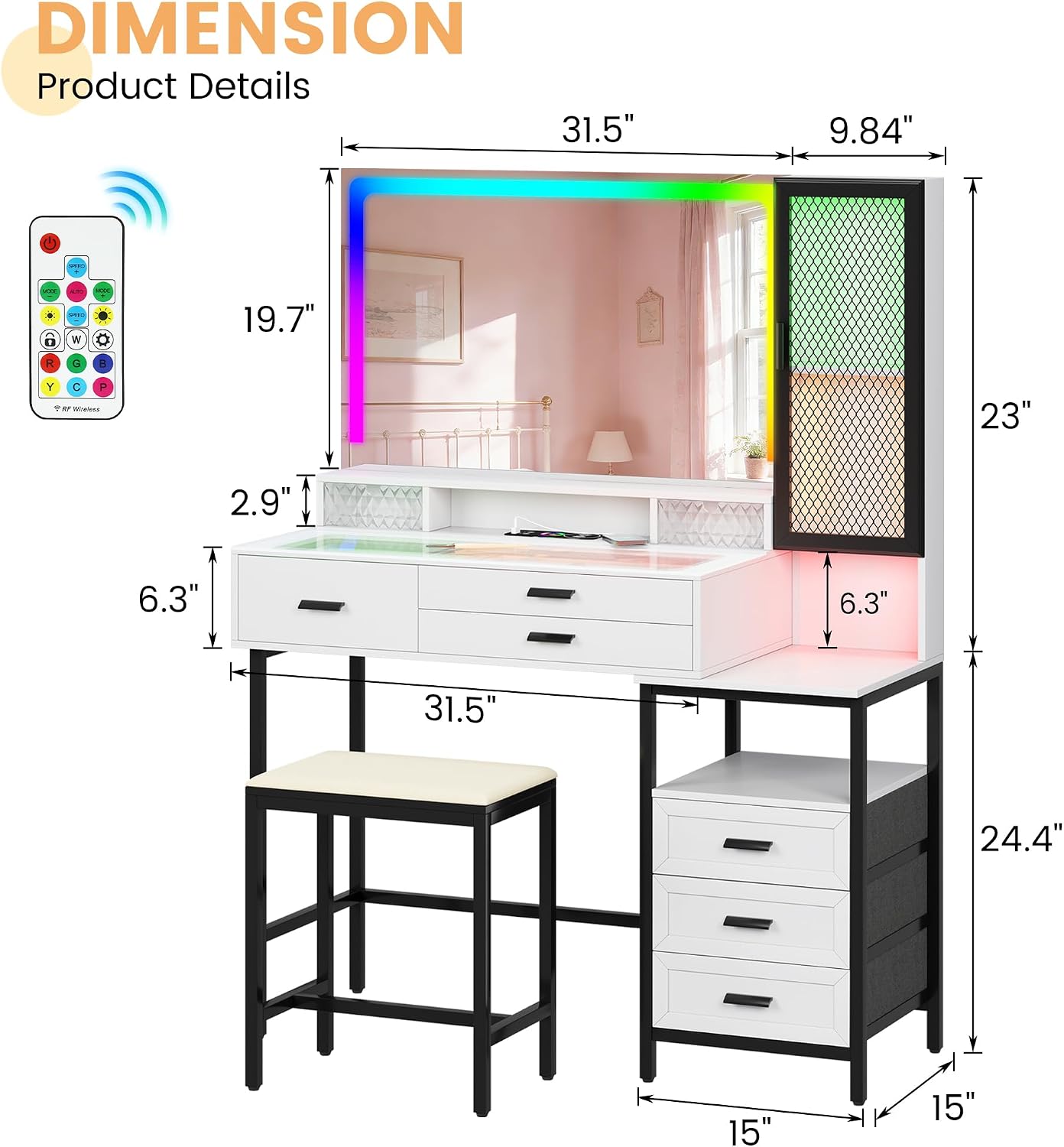 RGB Vanity Desk with Mirror and Lights, 7 Dynamic & 24 Static Dimmable Makeup Vanity Set with Wireless/USB/Type C Charging, Dressing Table with Stool & 6 Drawers (White)
