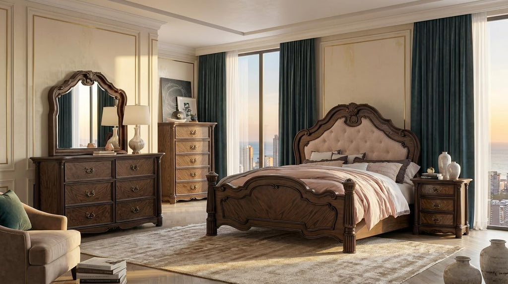 First of a Kind Nicole Traditional 4 Piece King Bedroom Set with Upholstered Tufted Headboard Elegant Classic Design Coordinated Furniture Collection