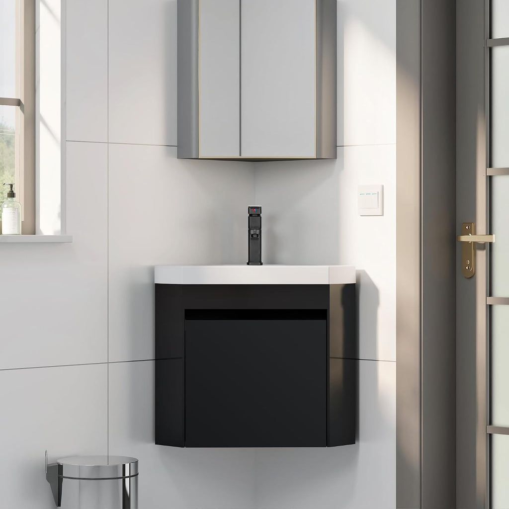 eclife 22' Corner Bathroom Vanity Sink Combo for Small Space Wall Mounted Floating Cabinet with White Resin Sink and Matte Black Faucet, Black
