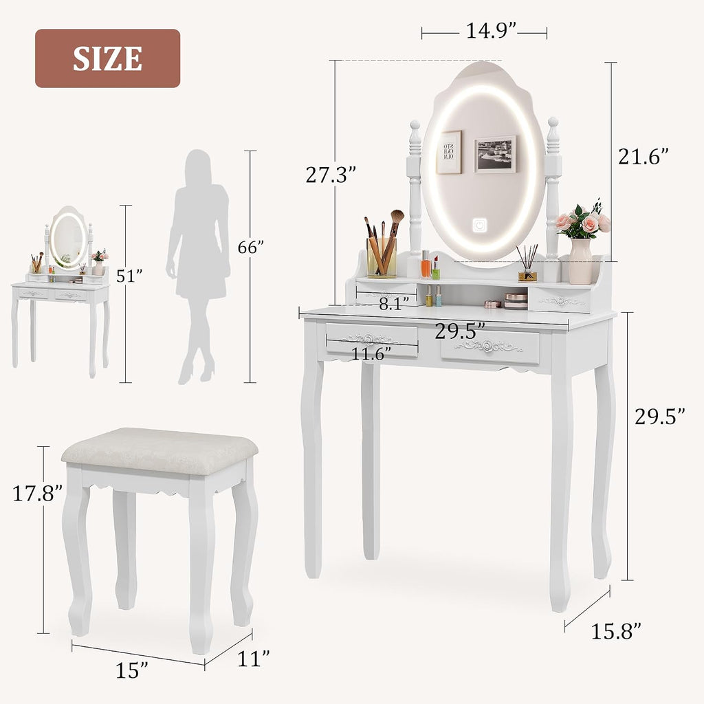 Whalefall Vanity Desk with LED Lighted Mirror & 4 Drawers, Makeup Vanity Table with Cushion Stool, 3 Color Modes & Adjustable Brightness Dressing Table, for Bedroom, White