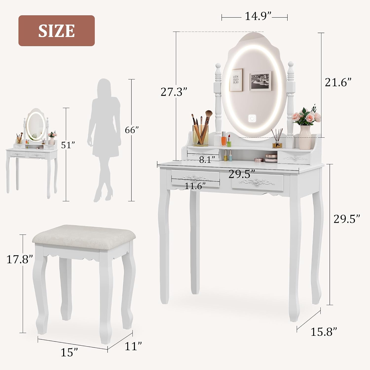Whalefall Vanity Desk with LED Lighted Mirror & 4 Drawers, Makeup Vanity Table with Cushion Stool, 3 Color Modes & Adjustable Brightness Dressing Table, for Bedroom, White