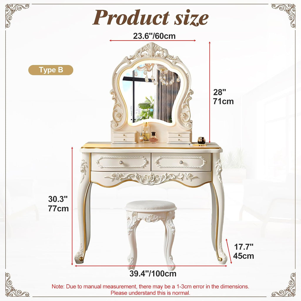 Mid Century Vanity Table with Mirror and Stool, Makeup Vanity Desk with Lights and Drawers for Jewelry & Cosmetics, Vintage European Vanities & Vanity Benches for Bedroom,Widths: 39.4'
