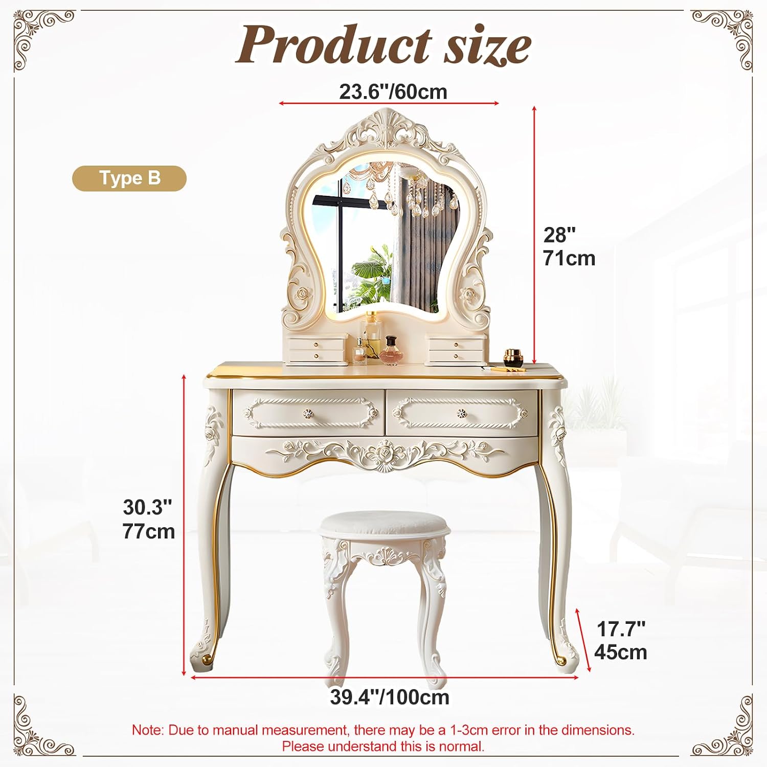 Mid Century Vanity Table with Mirror and Stool, Makeup Vanity Desk with Lights and Drawers for Jewelry & Cosmetics, Vintage European Vanities & Vanity Benches for Bedroom,Widths: 39.4'