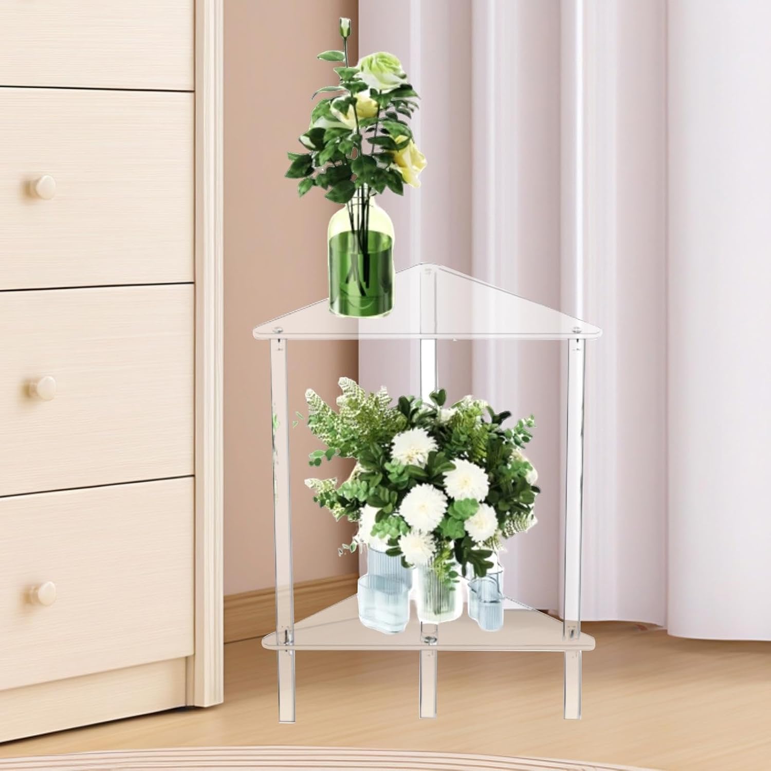 Acrylic Corner Shelf End Table Plant Stand, Clear Side Table Dresser Organizer, Vanity Stand for Counter