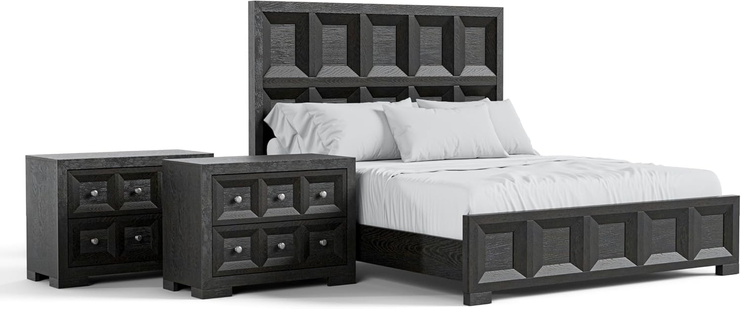 Furniture of America Dannen Modern Solid Wood 3-Piece Bedroom Set with Oversized Nightstand, Cedarwood-Lined Bottom and Felt-Lined Top Drawers, Box Spring Needed, King, Weathered Black