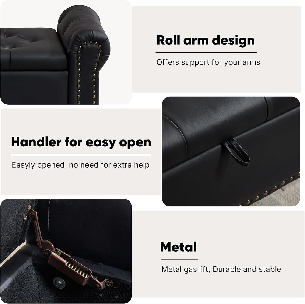 Storage Bench for Bedroom, 51' Upholstered End of Bed Bench, Faux Leather Queen Size Benches with Rolled Arms, Tufted Button Storage Long Ottoman, Living Room, Entryway, Black