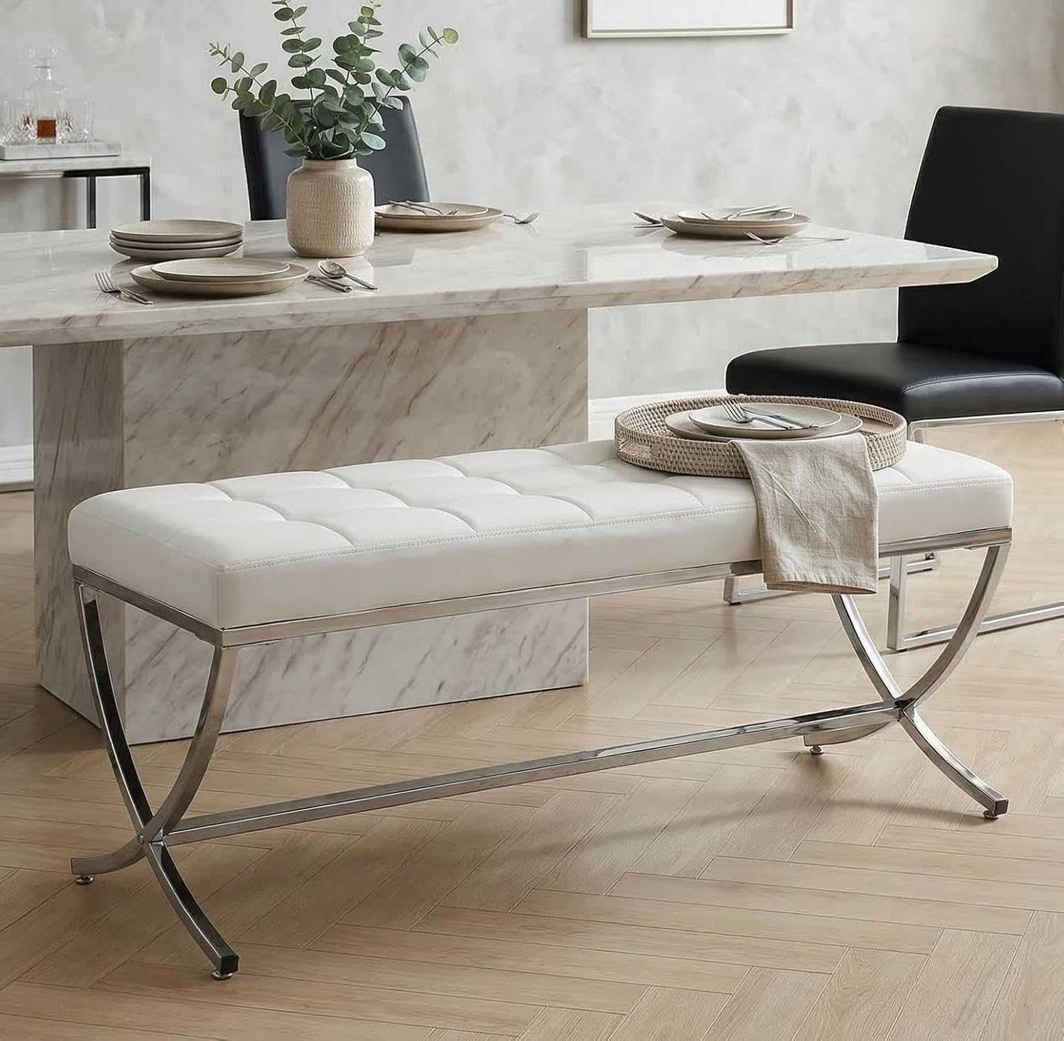 LukeAlon Modern PU Leather Dining Bench, Button Tufted Ottoman Bench with X-Shape Chrome Finish Upholstered End of Bed Bench Comfy Entryway Bench for Bedroom Kitchen, White