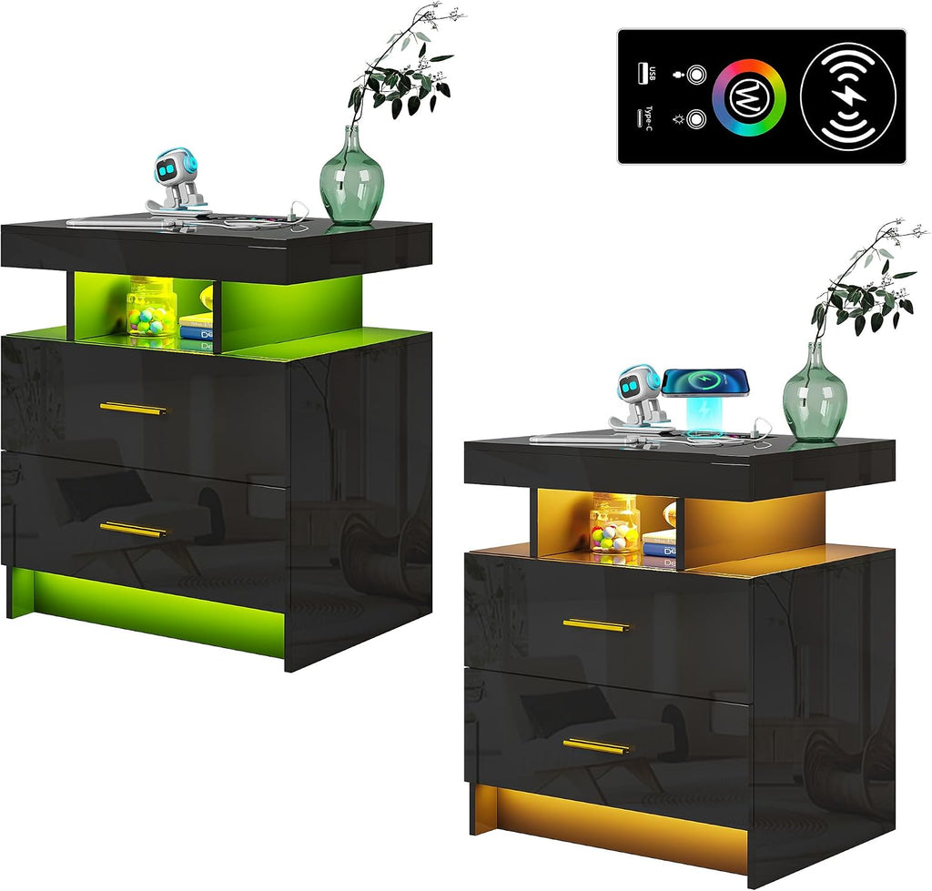 WOOVIVS Night Stand Set 2 with USB/Type-C/Wireless Charging Station, Blakc Nightstands with RGB Auto LED Lights, Modern Bedside Table Set of 2 with 2 Drawers for Bedroom Furniture