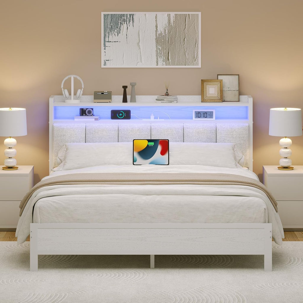 IMMERSTABLE Full Size Bed Frame with LED Lights and Charging Station, Upholstered Storage Headboard, Full Metal Platform Bed Frame with Metal Slats, No Box Spring Needed, Easy Assembly, White