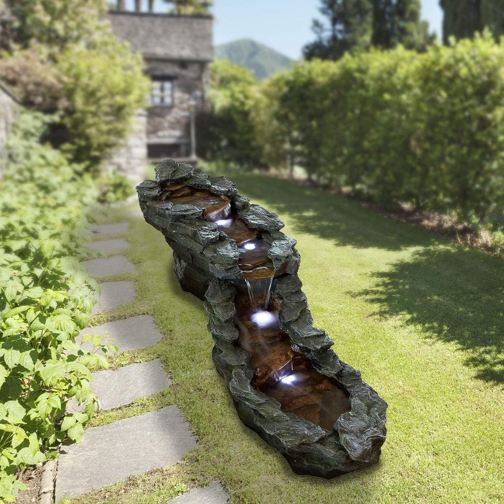 Alpine Corporation TZL240 | 76'L Outdoor Tiered Rocky River Stream Water Fountain — Color-Changing LED Lights for Patio, Yard & Backyard Décor — Brown Finish