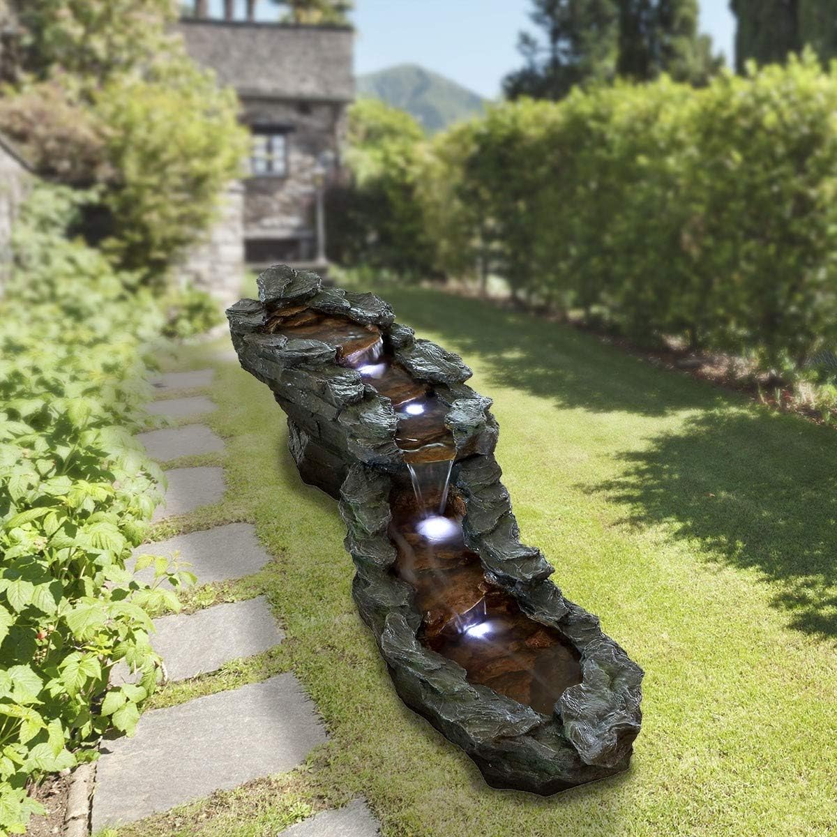 Alpine Corporation TZL240 | 76'L Outdoor Tiered Rocky River Stream Water Fountain — Color-Changing LED Lights for Patio, Yard & Backyard Décor — Brown Finish