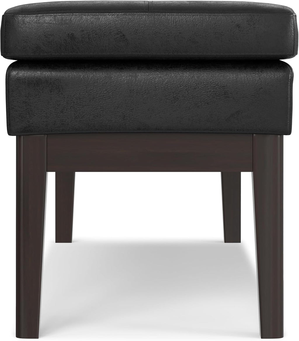 SIMPLIHOME Carlson Ottoman Bench - 45 inch Wide Upholstered Vegan Leather Rectangle Ottoman in Distressed Black, Mid Century Modern Bench for Bedroom, Entryway or Living Room with Padded Seat