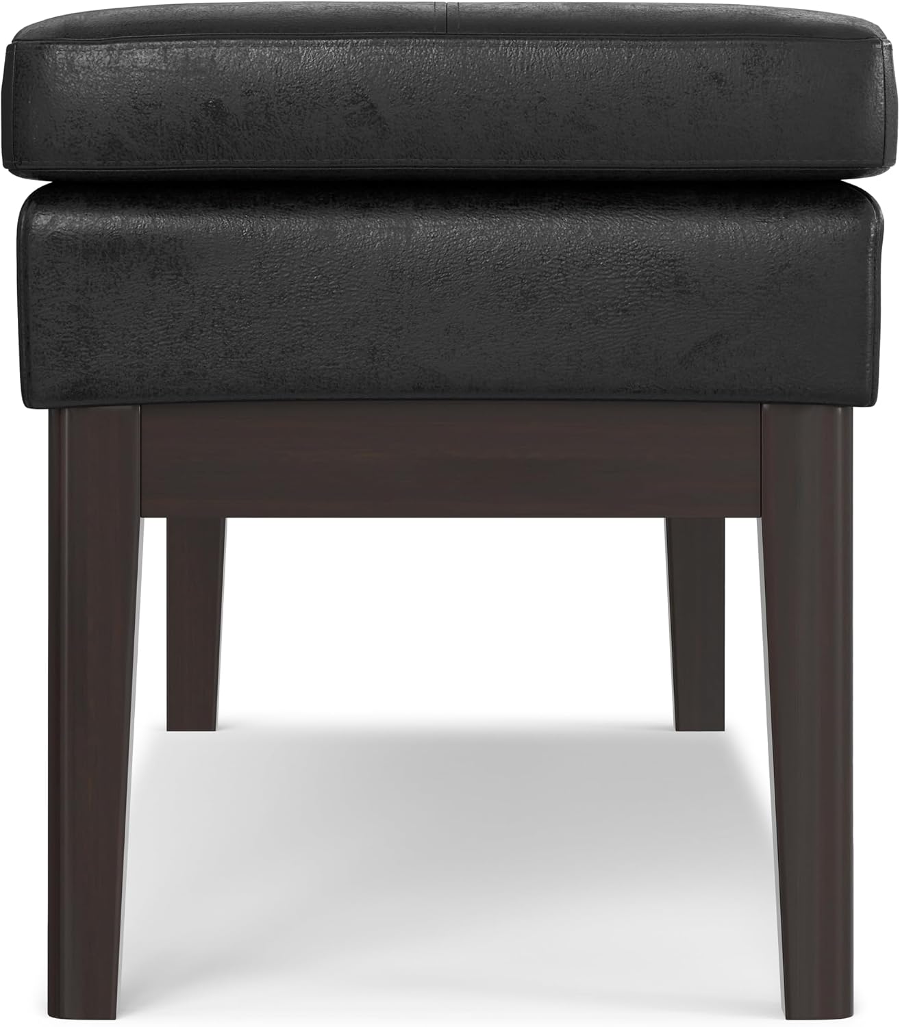 SIMPLIHOME Carlson Ottoman Bench - 45 inch Wide Upholstered Vegan Leather Rectangle Ottoman in Distressed Black, Mid Century Modern Bench for Bedroom, Entryway or Living Room with Padded Seat