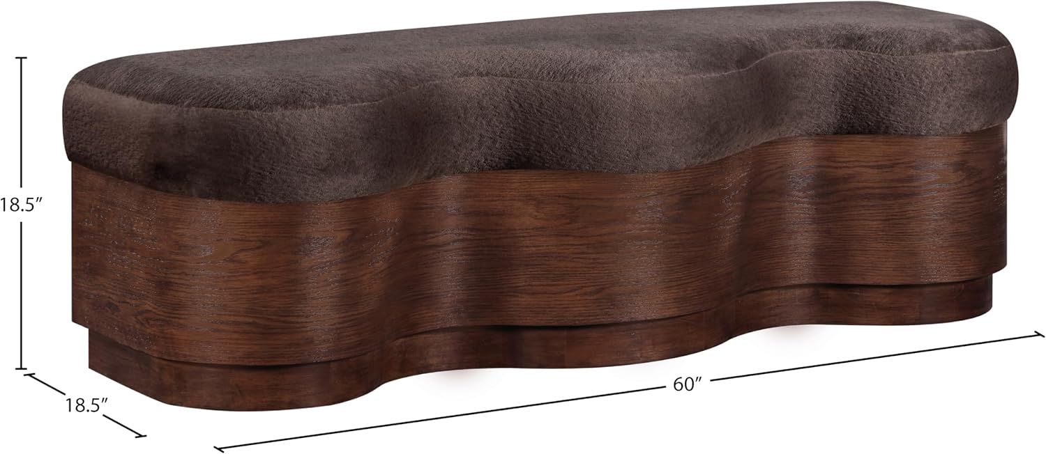 Meridian Furniture 22082Brown Savoy Collection Art Deco Bench with Soft Brown Velour Fur Fabric, Rich Brown Walnut Finish, Mix of Solid Wood & MDF, 60' W x 18.5' D x 18.5' H, Brown