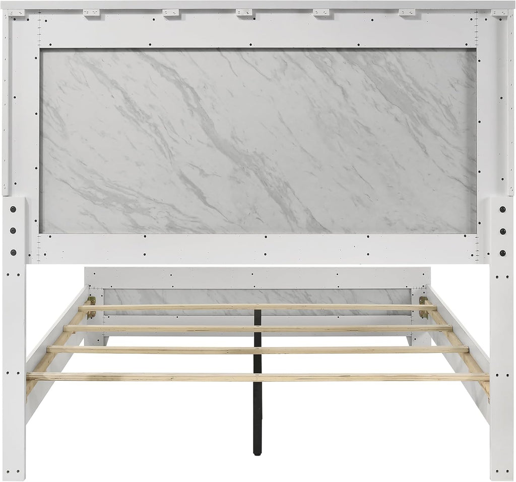 Furniture of America Anton Modern Solid Wood 3-Piece Bedroom Set with Faux Marble Headboard Bed, Metal Center Glide on Nightstand and Chest, Box Spring Needed for Bedroom, Guest Room, Full, White