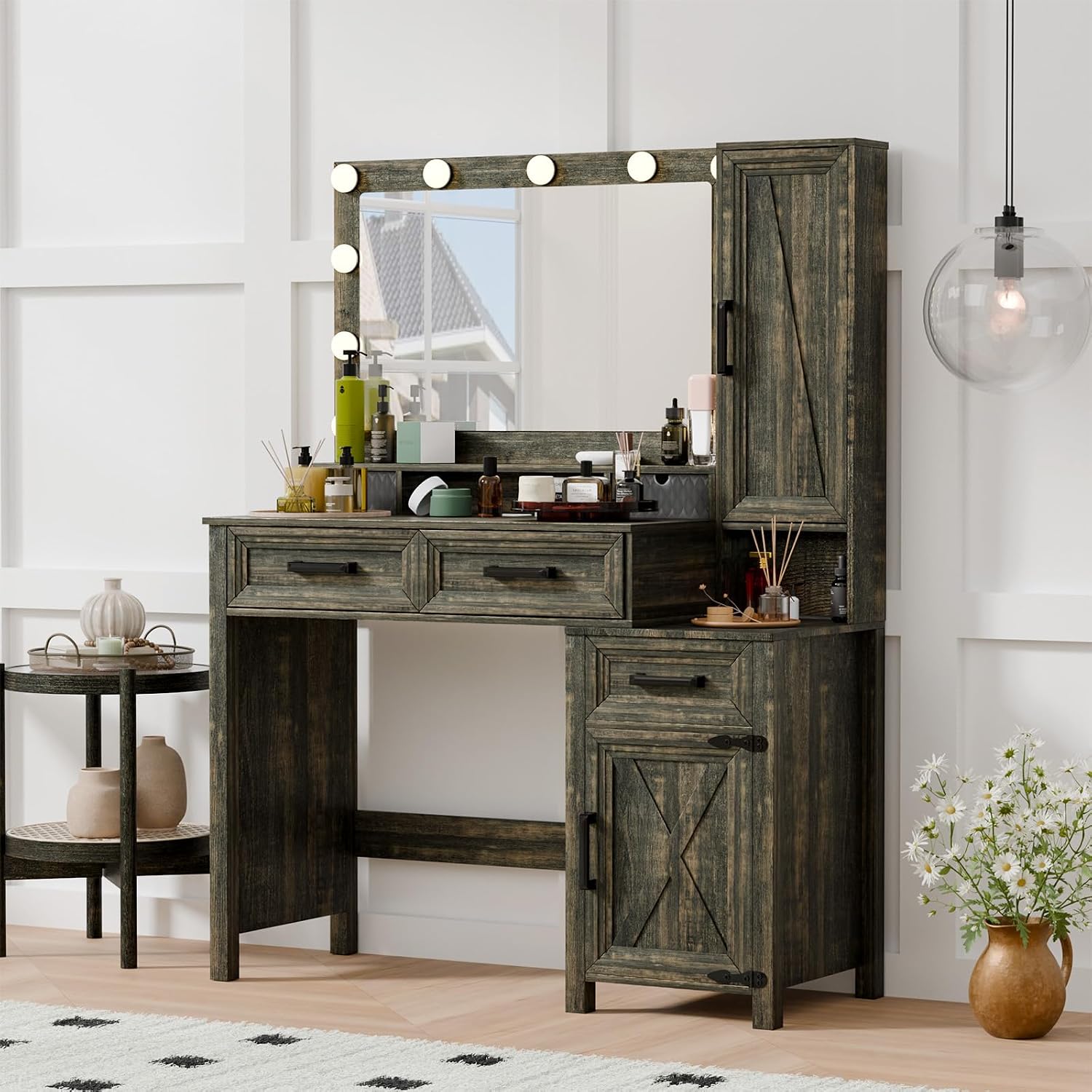 Topcomfy Farmhouse Vanity Desk with 3 Adjustable Light Colors & Power Outlet, Makeup Vanity Table with Sliding Jewelry Cabinet, Built-in Lipstick Organizer, 3 Drawers & Shelves for the Bedroom, Brown