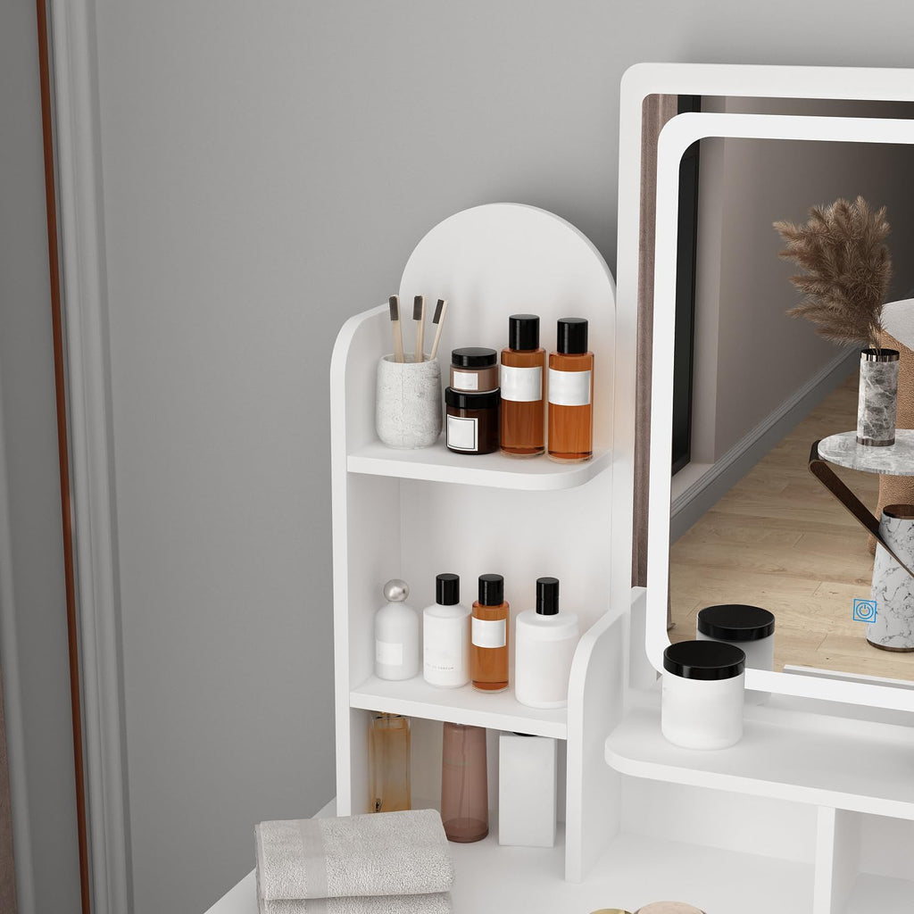 Vanity with Chair, Dressing Table with Lighted Rectangular Mirror, 5 Drawers and Shelves, Makeup Vanity Set with Storage for Bedroom, Crystal Knobs, White, 15.7' D x 31.5' W x 55.1' H