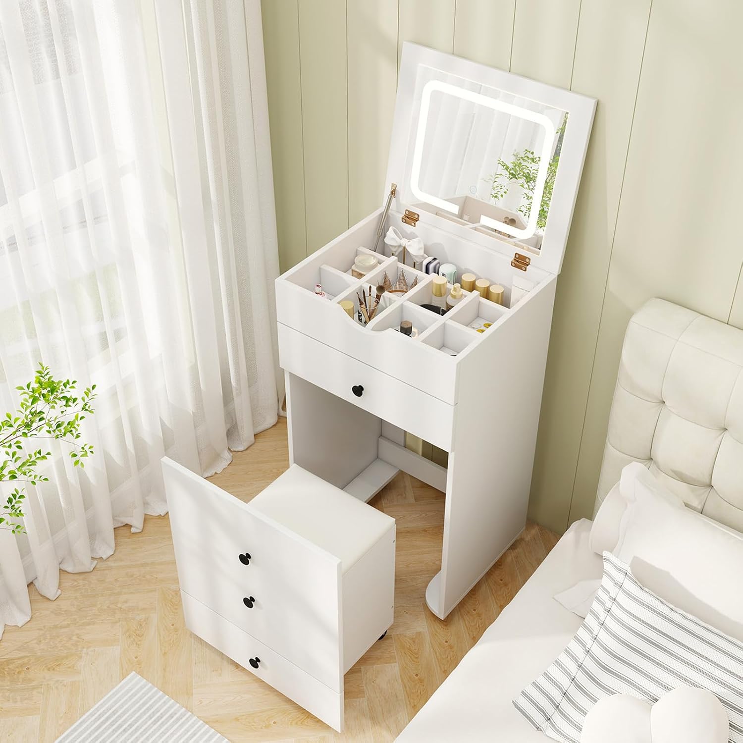 CHARMAID Small Vanity Desk Set, Makeup Vanity Table with Flip-up Lighted Mirror, Storage Bench, 2 Drawers, 8 Wheels, White Girls Dressing Table Nightstand for Small Space Bedroom