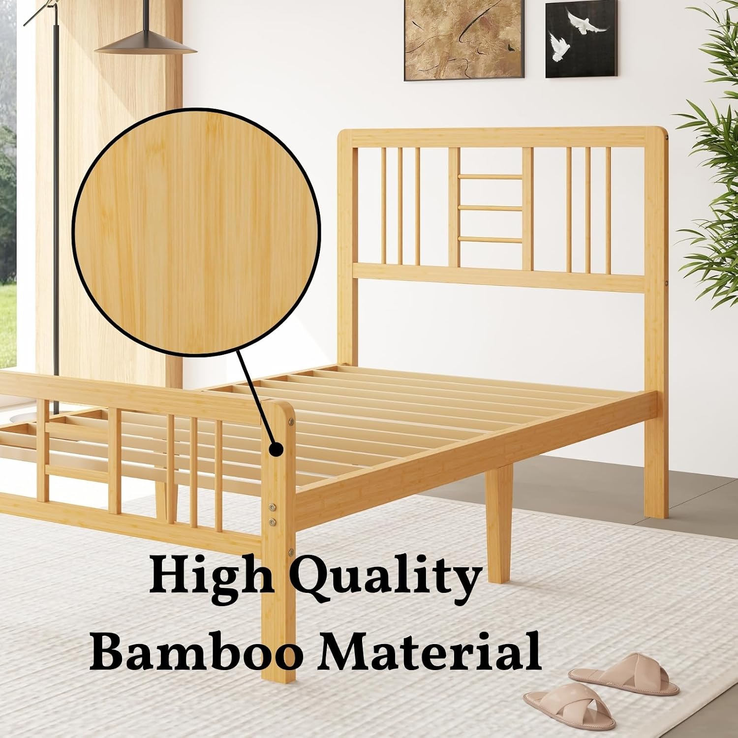 14 Inch Bamboo Wood Twin Size Platform Bed Frame with Headboard and Footboard, Metal Slat Support Bed Frame Twin Heavy Duty, No Box Spring Needed, Easy Assembly, Noise Free, Reinforced