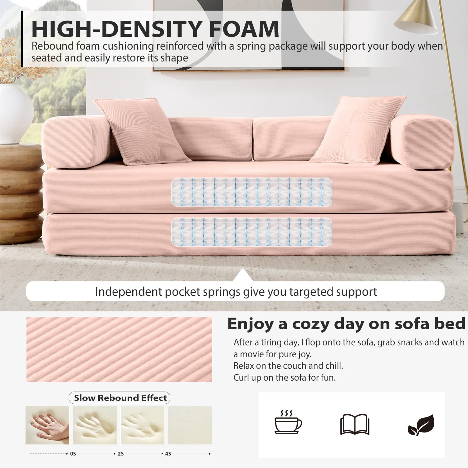 4-in-1 Folding Convertible Sofa Bed, 78 Inch Boneless Couch with Fixed-Shape Frame, Corduroy Loveseat Sleeper with Pull Out Bed, Floor Sofa Modular Futon Couch for Living Room Bedroom Lounge (Pink)