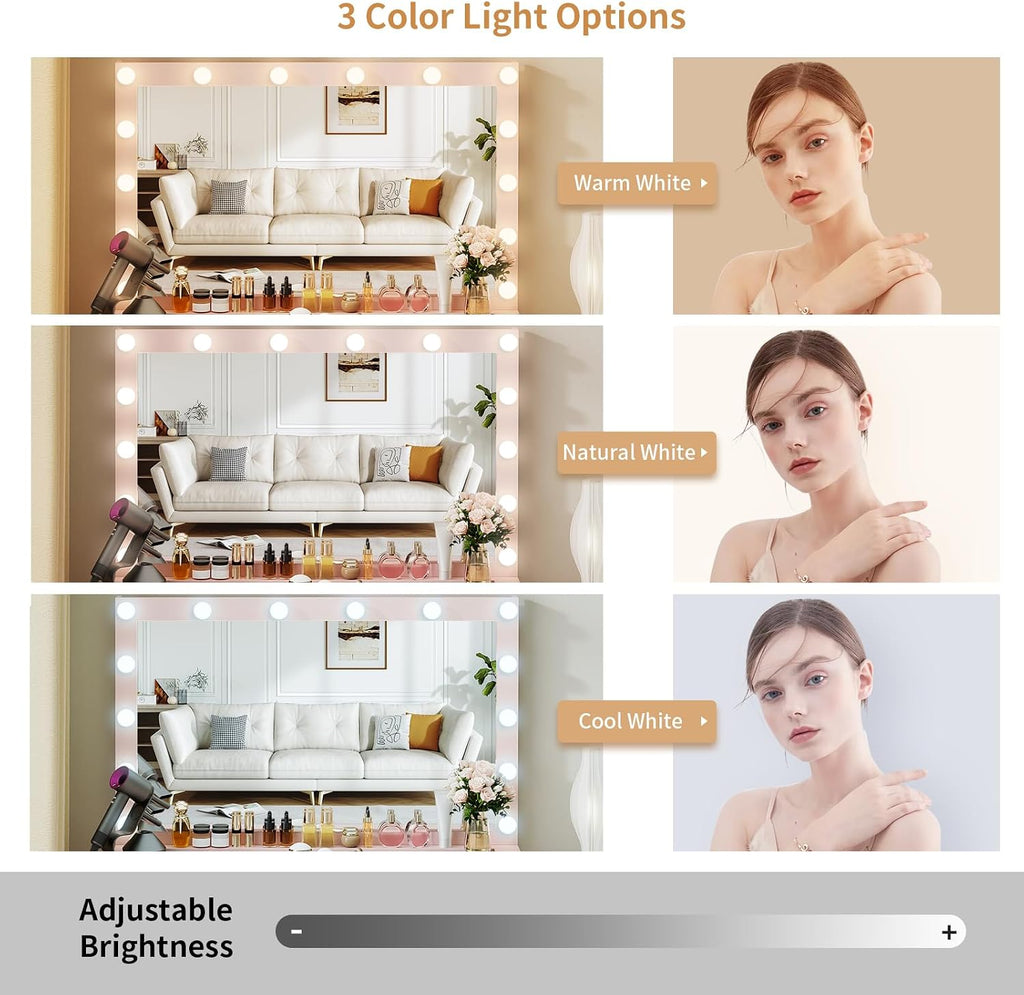 VOWNER Vanity with Lighted Mirror - Glass Top Makeup Vanity Desk with 7 Drawers and Power Outlet, 3 Color Lighting Modes Adjustable Brightness, 44' Vanity Table with Stool for Women Girls, Pink