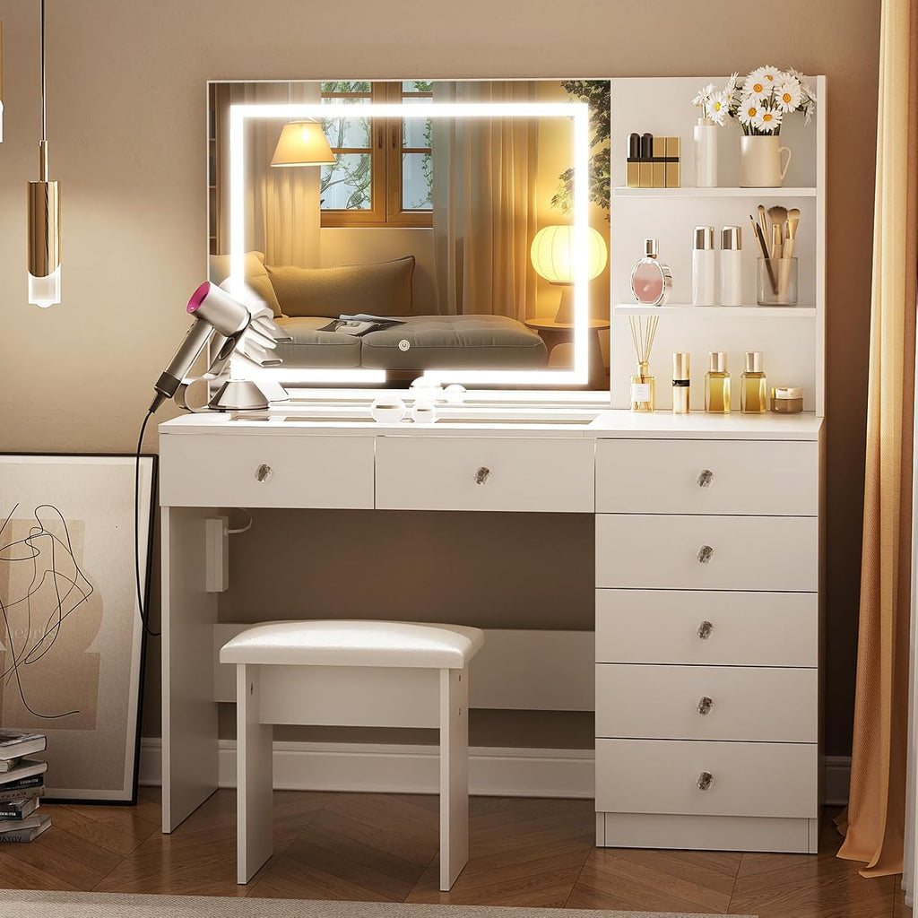 VOWNER Vanity with Mirror and Lights - 47' Glass Top Makeup Vanity Desk with 7 Drawers, 3 Storage Shelves and Outlet, 3 Color Lighting Modes Adjustable Brightness, Makeup Table for Bedroom (White)
