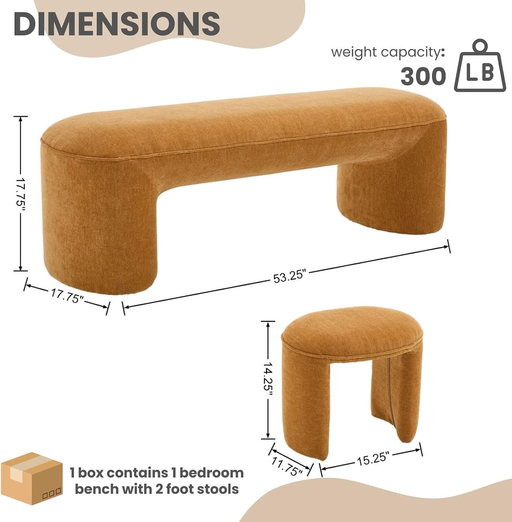 3-Piece Nesting Ottoman Bench Set, 53' Chenille Upholstered End of Bed Bench with 2 Foot Stools, Modern Space-Saving Entry & Vanity Stools for Living Room & Bedroom, Mustard Yellow