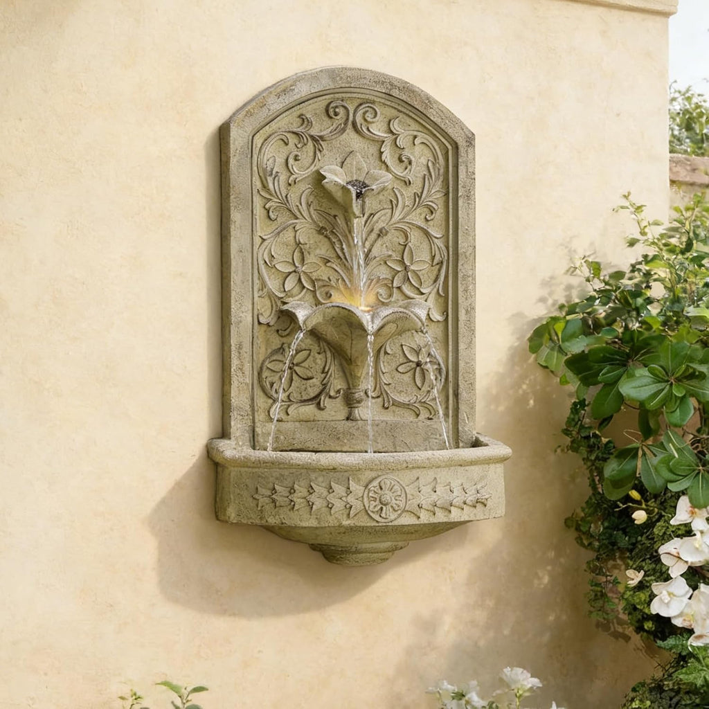 Vintage Wall-Mounted Outdoor Fountain, 28.3' H Resin Garden Water Feature with Floral Carving, Decorative Antique Wall Waterfall for Patio, Yard, Porch & Home Décor