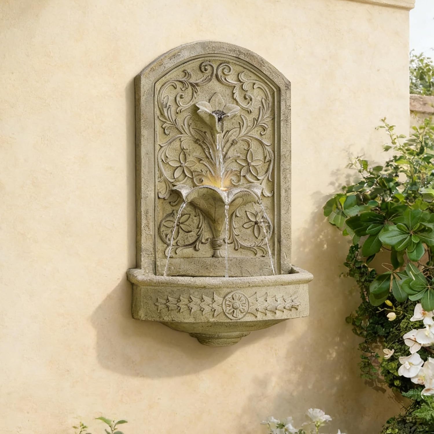 Vintage Wall-Mounted Outdoor Fountain, 28.3' H Resin Garden Water Feature with Floral Carving, Decorative Antique Wall Waterfall for Patio, Yard, Porch & Home Décor