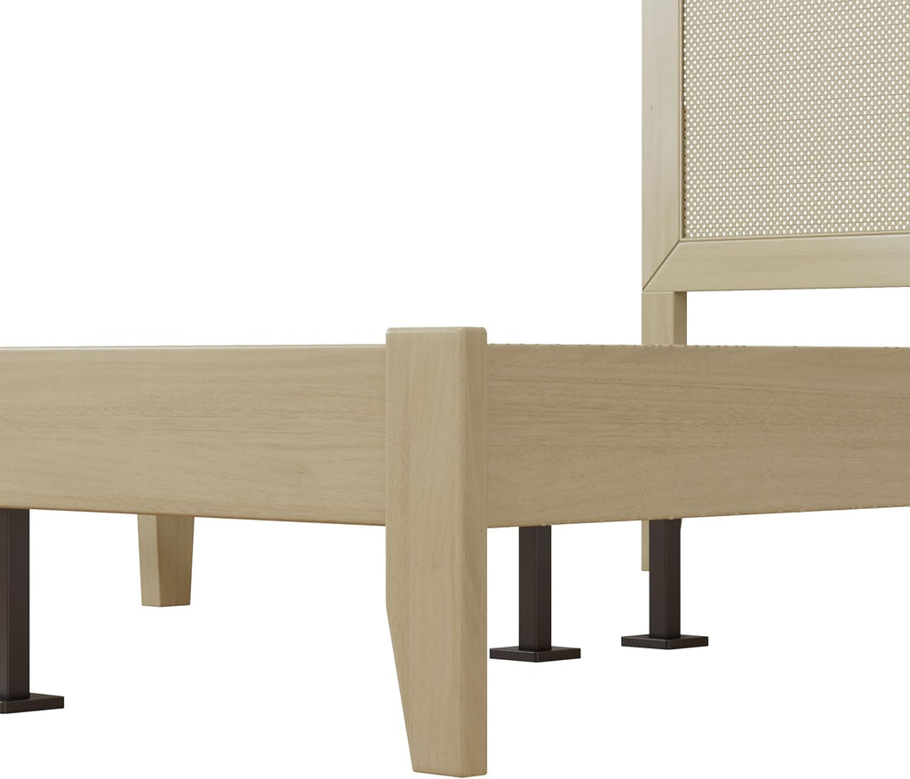 Christopher Knight Home Eudoca Natural Farmhouse Wooden Queen Bed Frame with Woven Rattan Headboard, Rubberwood Platform Bed Frame Queen Size, Rectangular Queen Size Bed Frame, No Box Spring Needed