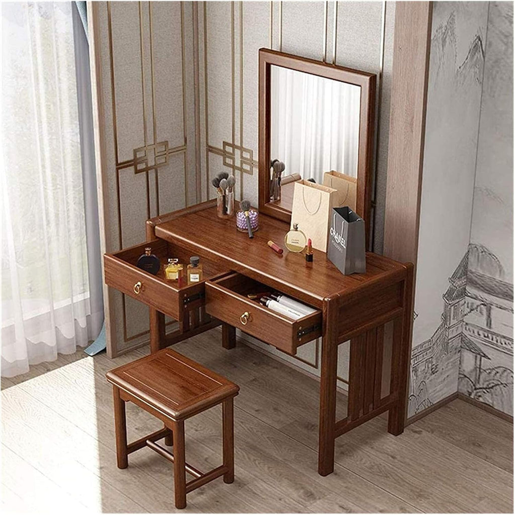Vanity Table Set with Rectangular Mirror 2 Large Drawers with Sliding Rails Makeup Dressing Table with Stool Vanity Benches
