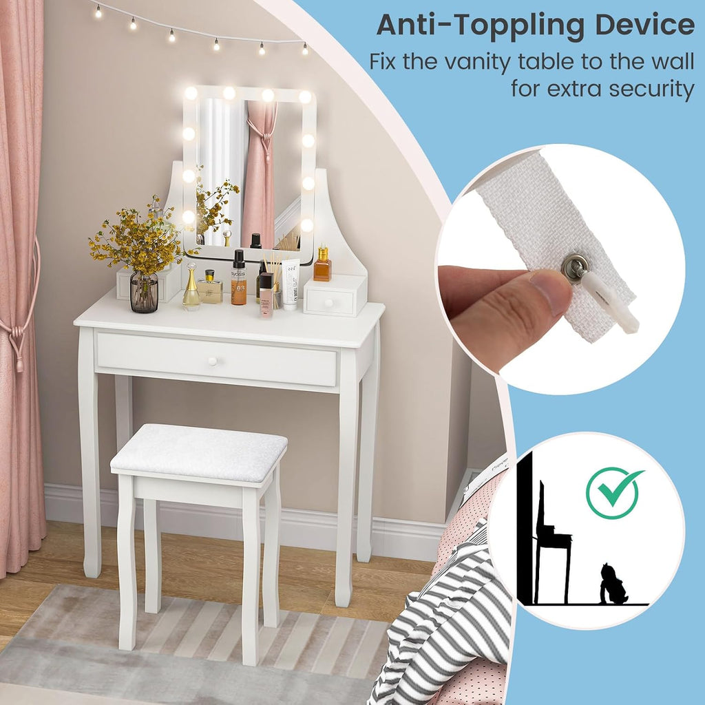 CHARMAID Makeup Vanity Desk with Lighted Mirror, 3 Color Lighting Modes, Adjustable Brightness, 3 Drawers, Removable Dividers, Bedroom Dressing Table Vanity Set with Stool for Girls Gift (White)