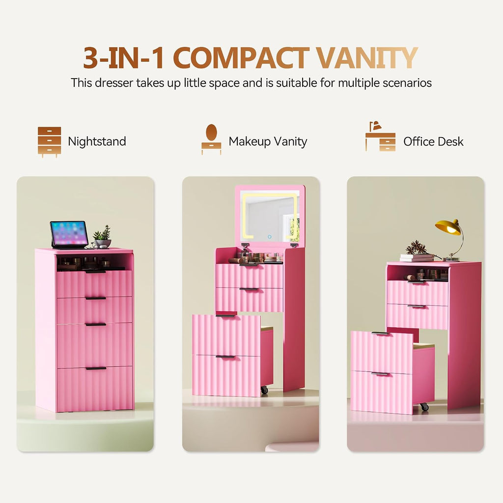 3-in-1 Small Vanity Desk with Flip Top Mirror and Lights,Fluted Compact Makeup Vanity with Storage Stool and Drawers,Mini Vanity Table Set for Bedroom Furniture,Pink