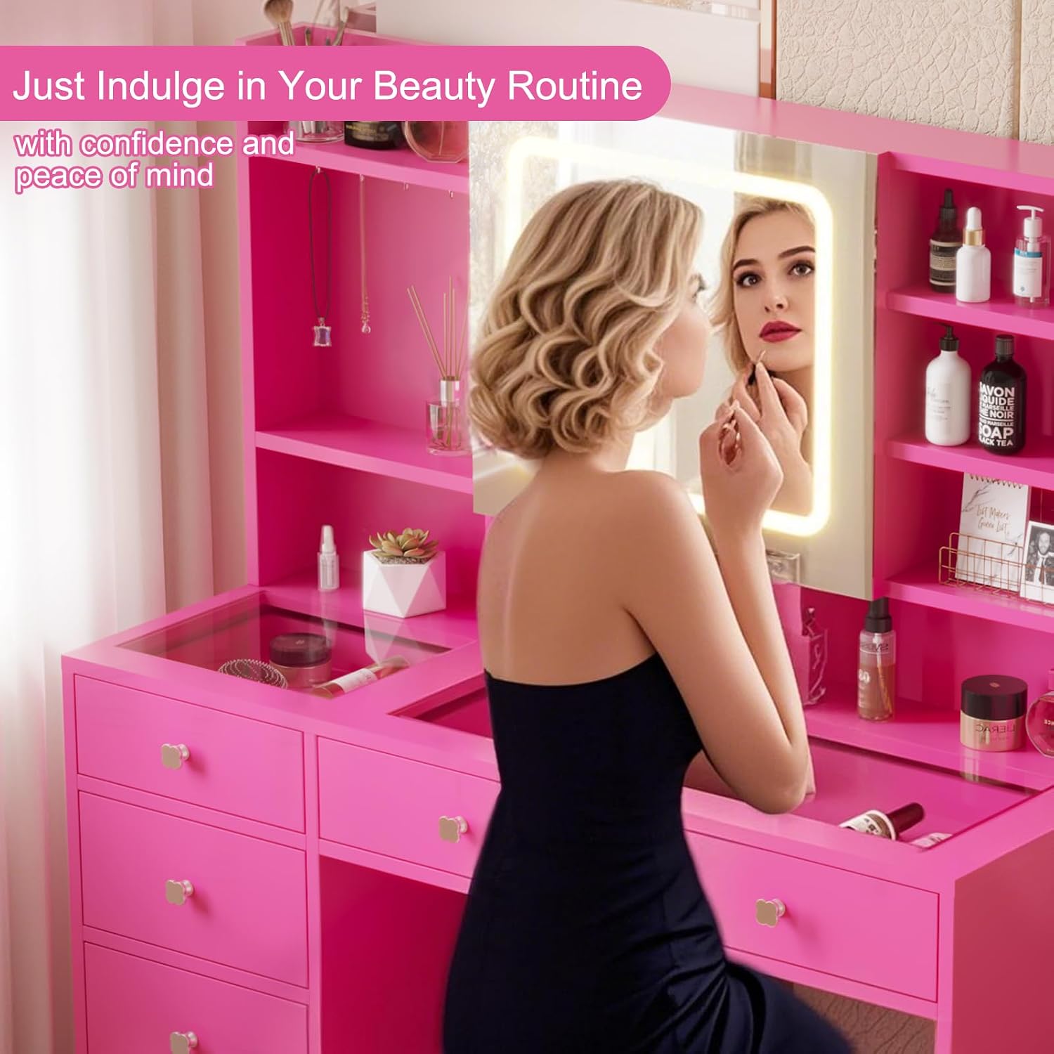 Karl home Makeup Vanity with Lighted Mirror Bedroom Vanity Desk with Charging Station Large Vanity Set with Transparent Desk, Drawers, Cabinet, Shelves for Storage in Bedroom, Pink