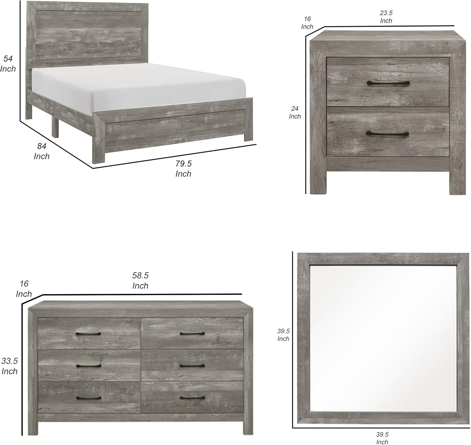 Benzara Ko Four Piece King Size Bedroom Set- Panel Detailing- Metal Handles