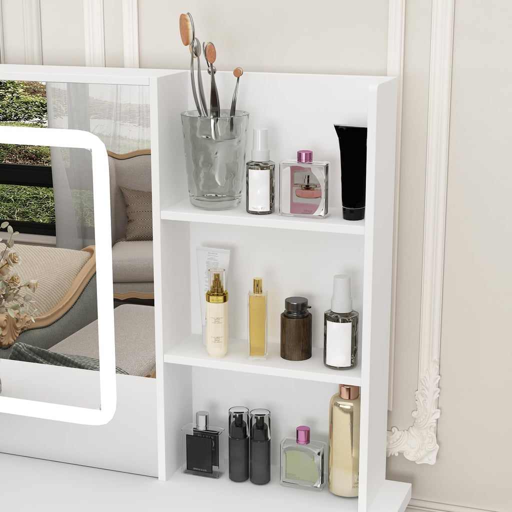 Vanity with Chair, Dressing Table with Lighted Sqaure Mirror, 5 Drawers and Shelves, Makeup Vanity Set with Storage for Bedroom, Crystal Knobs, White, 19.7' D x 39.4' W x 53.5' H