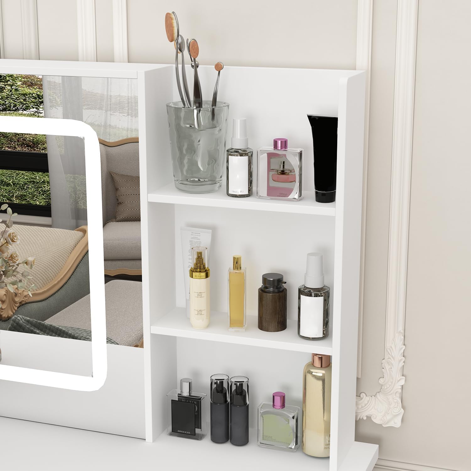 Vanity with Chair, Dressing Table with Lighted Sqaure Mirror, 5 Drawers and Shelves, Makeup Vanity Set with Storage for Bedroom, Crystal Knobs, White, 19.7' D x 39.4' W x 53.5' H