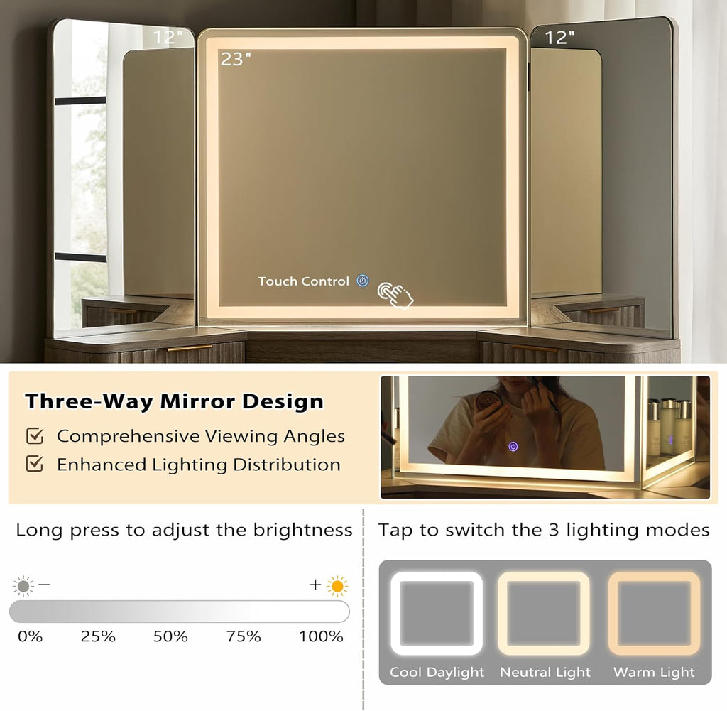 T4TREAM Fluted Makeup Vanity Desk with 3 Way Mirror and Lights, 48' Large Corner Vanity Table with Glass Top, Charging Station, 3 Drawers, Storage Cabinets & Shelves, for Bedroom, Grey Alder