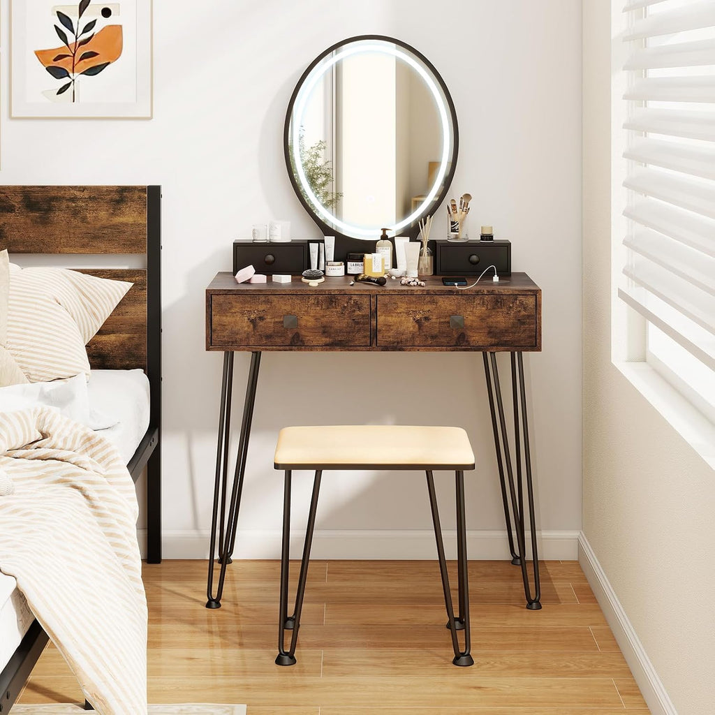 CHARMAID Vanity Desk with Mirror and Lights, Makeup Vanity Table with 4 Drawers, Charging Station, 3-Color Lighted Mirror, Retro Style Dressing Table with Stool for Small Bedroom (Rustic Brown)