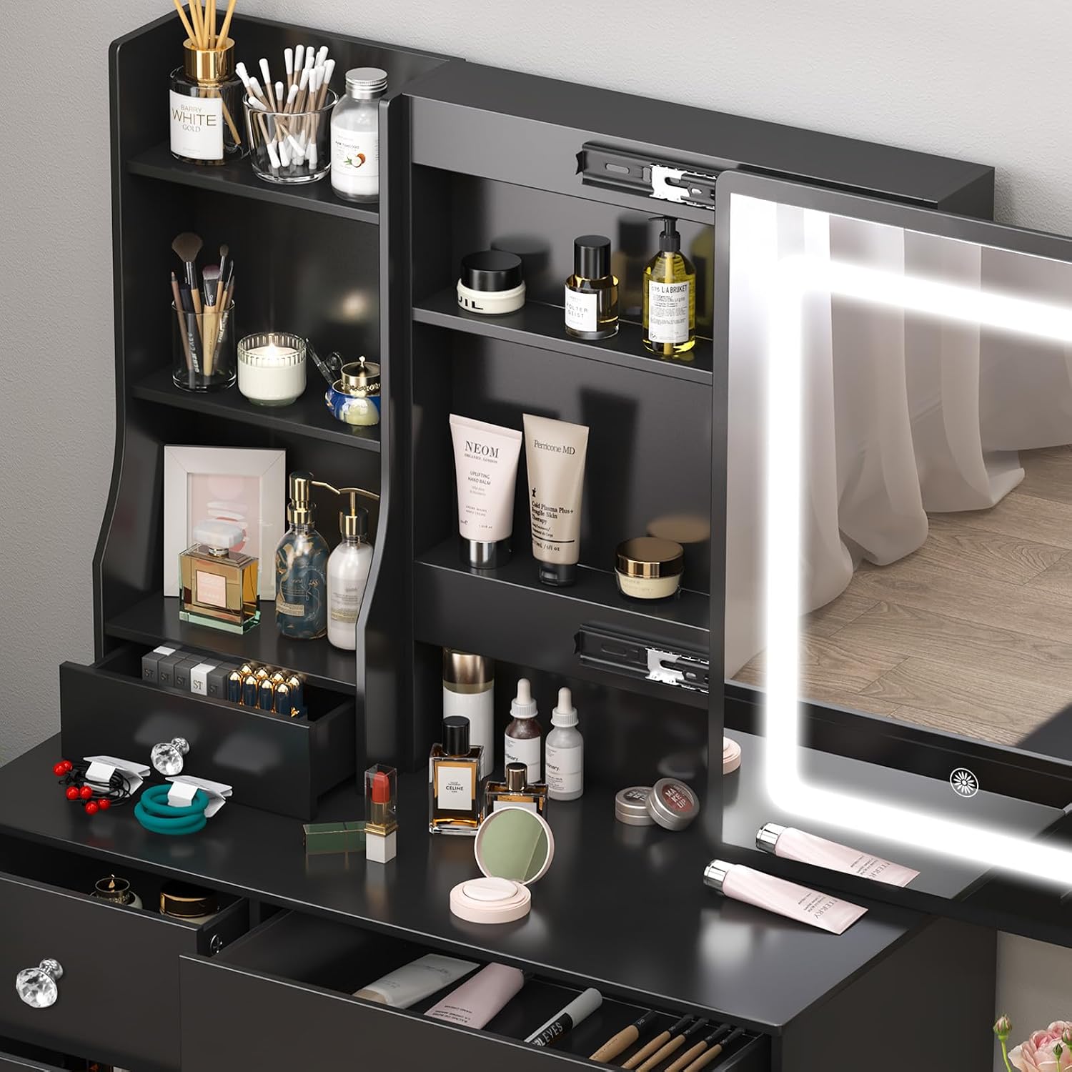 Black Vanity Desk with Sliding Mirror and Lights, Vanity Table with 6 Drawers and Cabinet, Small Vanity Set with Chair Stool, 3 Modes Adjustable LED Sliding Mirror, Vanity for Bedroom