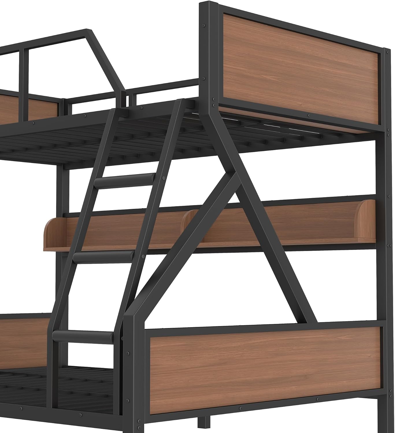 Bellemave Bunk Bed Full XL Over Queen with LED, Heavy Duty Metal Bunk BedFrame with Storage Shelves and Lights, Woodgrain+Black